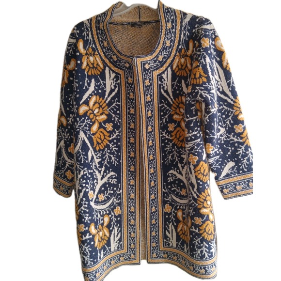 Sz L MAXSPORT BCBG MAXAZRIA boho peasant cardigan coat long sweater Navy Gold - Picture 1 of 8